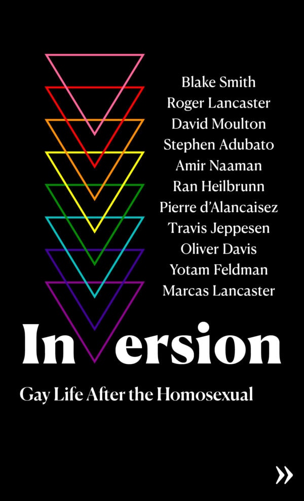 Colourful overlapping triangles forming a descending pattern with author names beside; book cover for "Inversion: Gay Life After the Homosexual" on Verdurin.