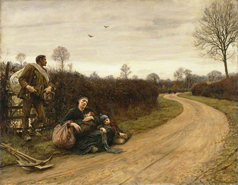 Painting of two women and a man sitting by a country road with leafless trees and a cloudy sky.